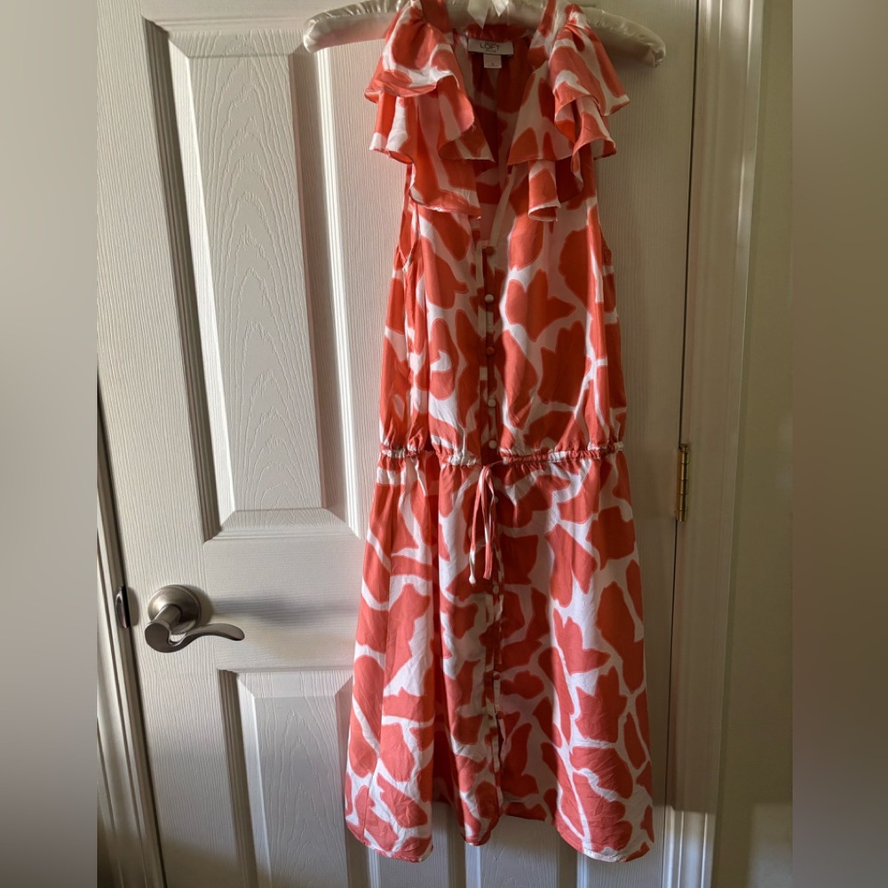 Ann Taylor Loft silk dress with flutter neckline & drawstring waistline size 6